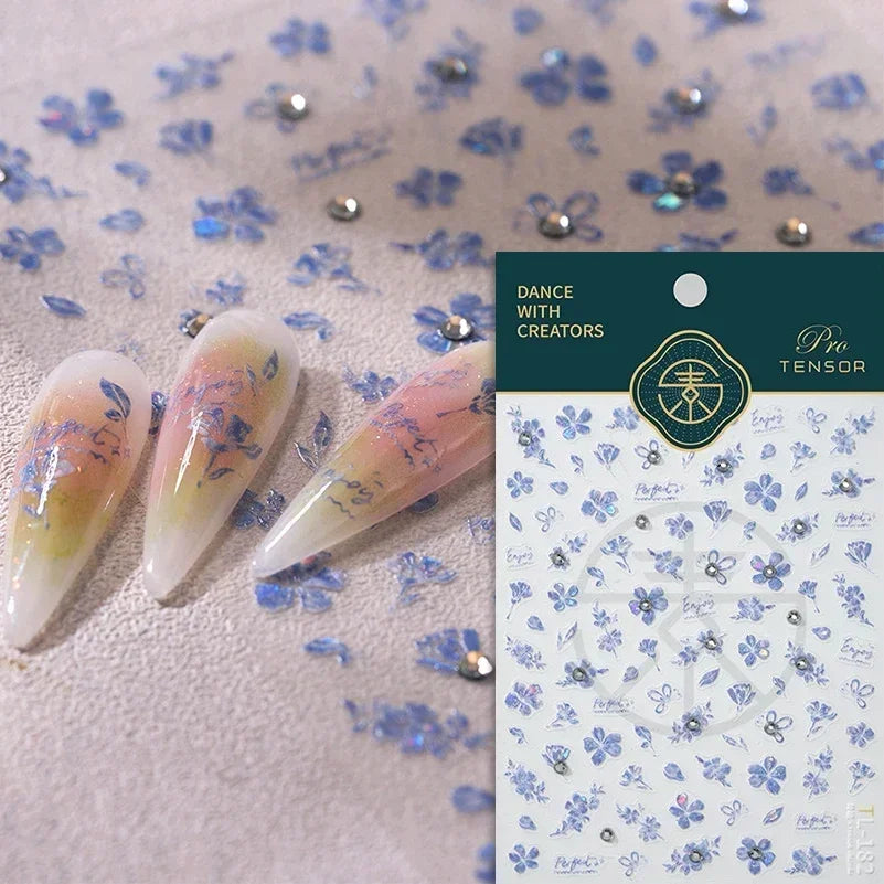 Gradient Coloredful Flower Petal Green Leaf Dreamy Shiny Chinese Rose Fantasy Relief Adhesive Nail Art Stickers Manicure Decals (Online Order Only)