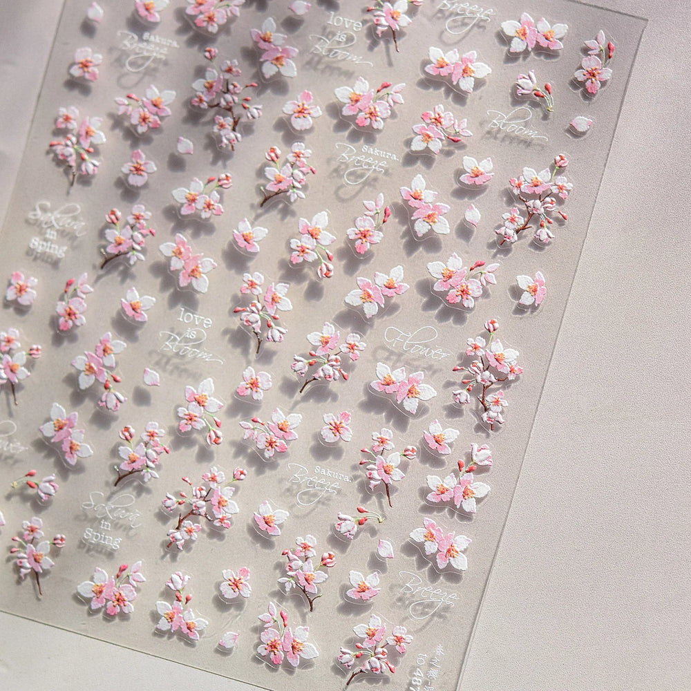 Flowers Blooming Cherry Blossom Sakura Living Peach Branch 5D Soft Relief Spring Adhesive Nail Art Sticker Chic Manicure Decals (ONLINE ORDER ONLY)