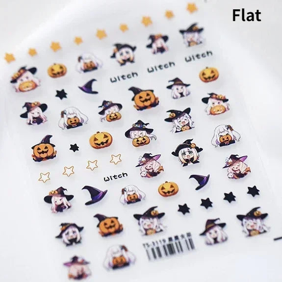 Cat Eye Halloween Terror Spider Cross Rose Love Heart Flower Snake Web Candy Bunny Thrilling Nail Art Stickers Manicure Decals (Online Order Only)
