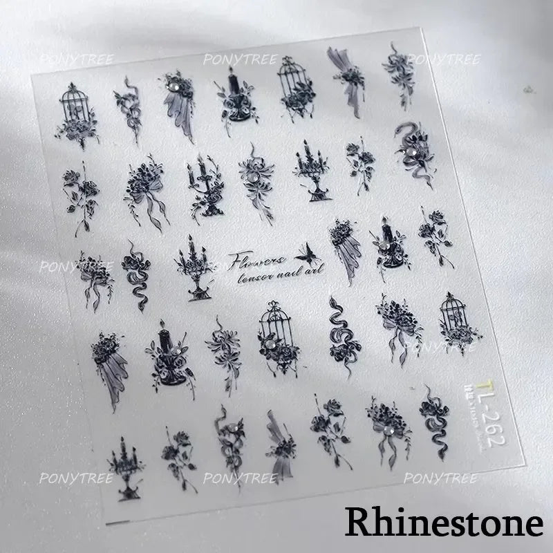 Retro Candlestick Holder Rose Rambler Birdcage Photo Frame Lace Self Adhesive Nail Art Sticker Charm Rhinestone Manicure Decal (Online Order Only)