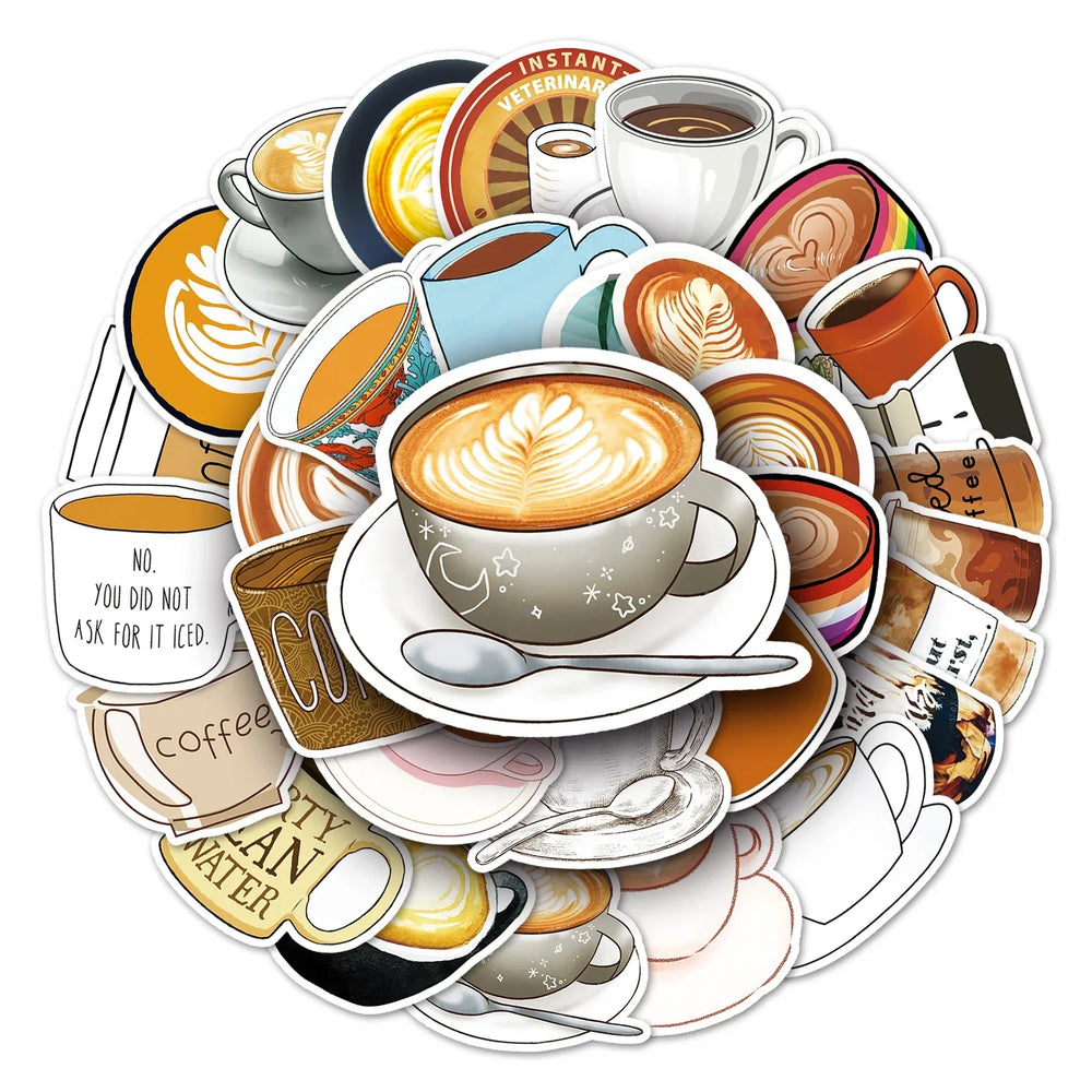 50Pcs Coffee Cartoon Waterproof Vinyl Stickers for Skateboard Snowboard Decal (Online Order Only)