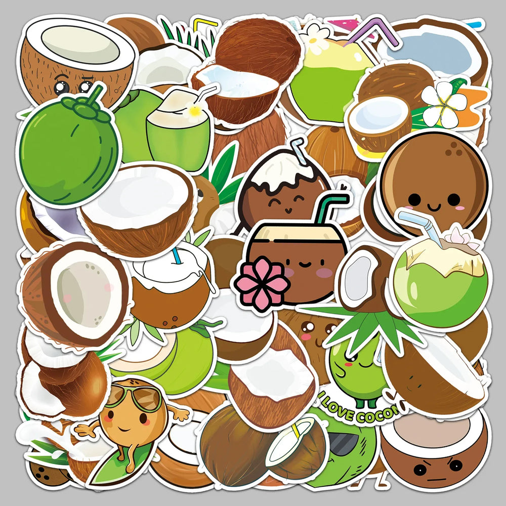 50pcs Cute Coconut Graffiti Stickers for Helmet, Wall, DIY Decoration (Online Order Only)
