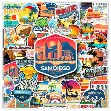 10/50pcs USA California Scenery Stickers Aesthetic Sunny Beach Surfing Vacation Decal Sticker DIY Travel Luggage Car Skateboard (Online Order Only)