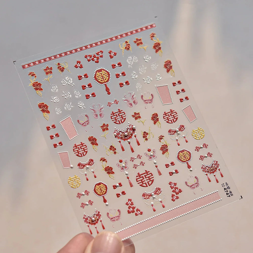 Embroidery Yunjin Brocade Tassels Bowknot Butterfly Flower Rose Camellia Adhesive Nail Art Stickers Rhinestone Manicure Decals (Online Order Only)