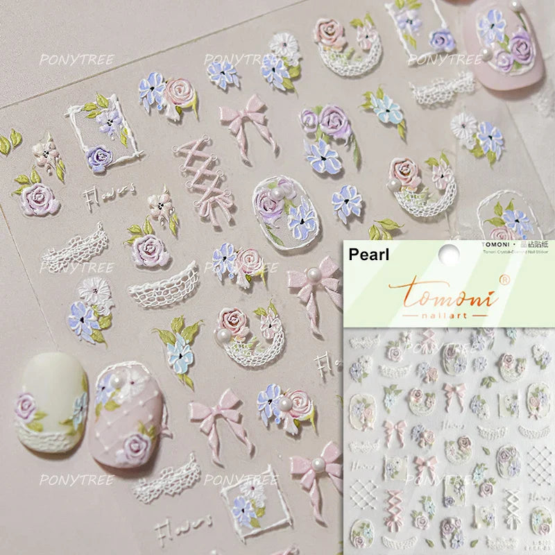 Chic Pink White Rose Flower Lace Bowknot Ribbon Jelly 5D Pearl Romantic Charming Self Adhesive Nail Art Sticker Manicure Decals (ONLINE ORDER ONLY)