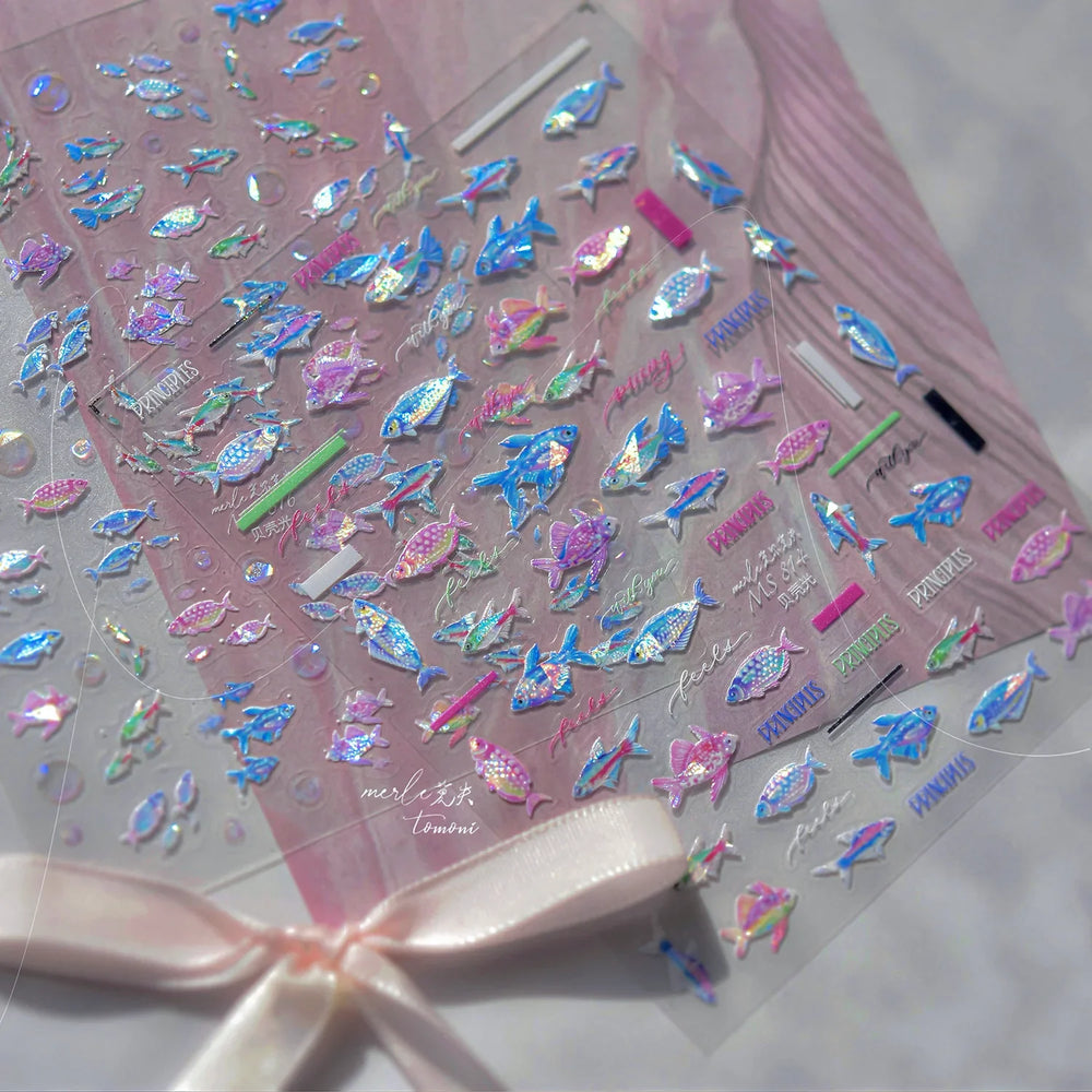 Colorful Shoal of Fish Whale Ocean Shell Conch Starfish Summer Sea Jellyfish Bubble Nail Art Decoration Sticker Manicure Decals (ONLINE ORDER ONLY)