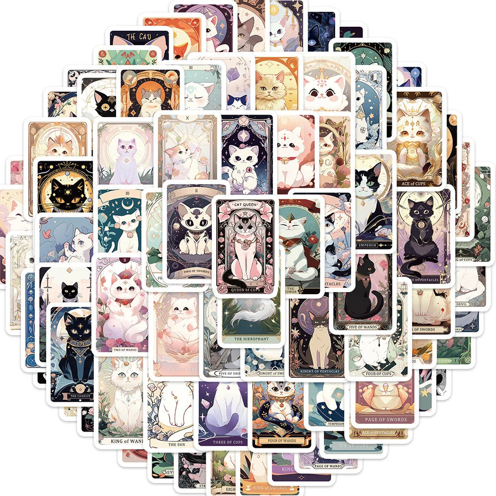 Cute Cat Tarot Card Stickers - Waterproof Anime Cartoon for Luggage, Guitar, Laptop (ONLINE ORDER ONLY)