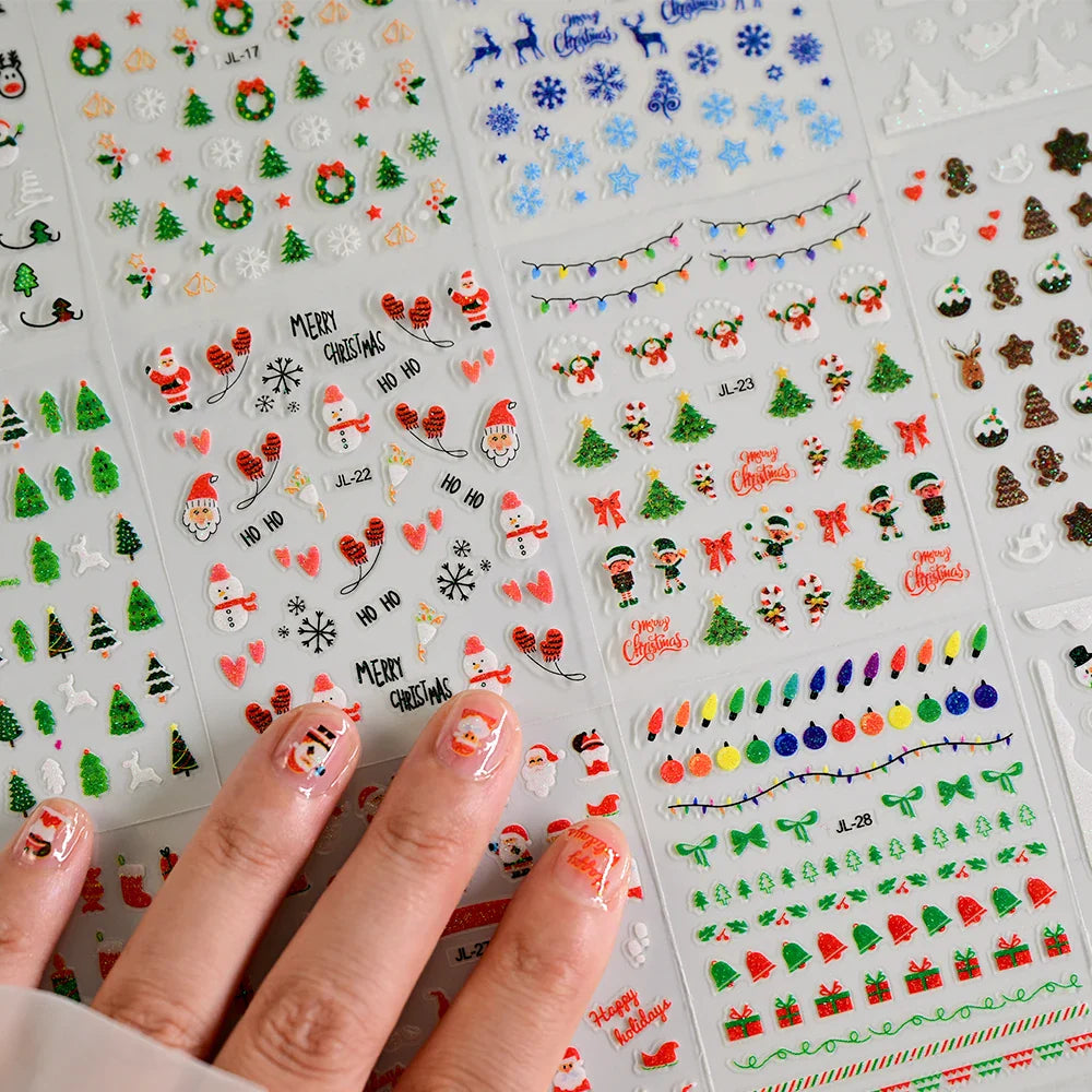 30Sheet 3D Glitter Christmas Nail Art Stickers Santa Claus Snowflake Elk Christmas Tree Design Nail Decals Cartoon Nail Supplies (Online Order Only)