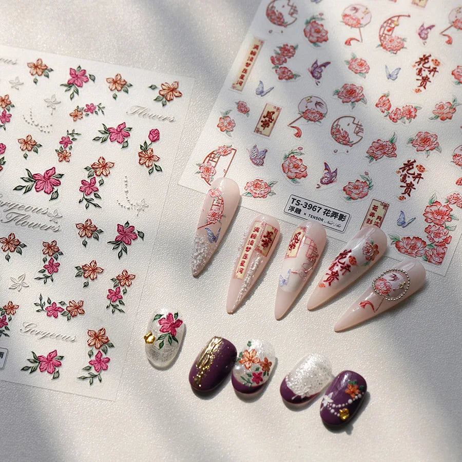 Peony Paeonia Lactiflora Rich Glory Flower Butterfly Ancient Fan Tassels Caved Window Adhesive Nail Art Sticker Manicure Decals (ONLINE ORDER ONLY)