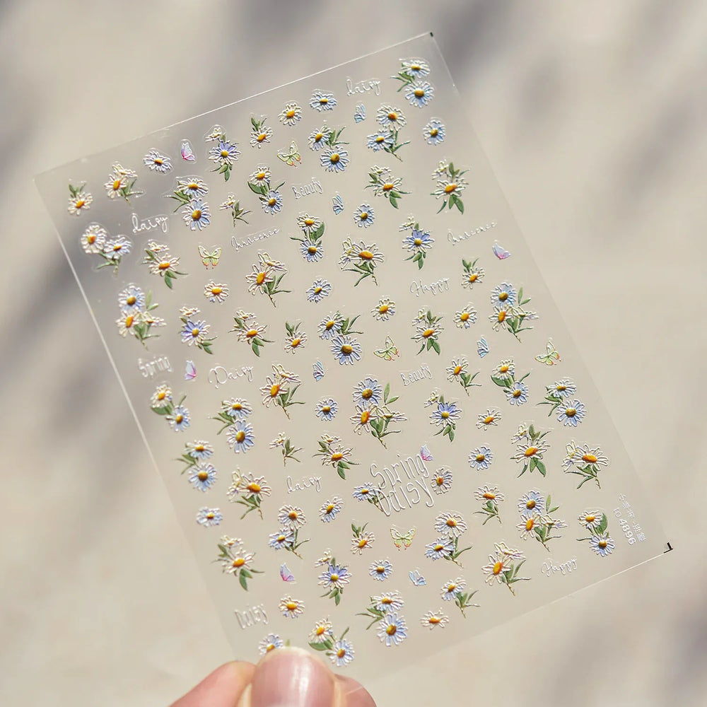 Rural Style White Daisy Flower Butterfly Small Wildflowers 5D Soft Embossed Relief Adhesive Nail Art Stickers 3D Manicure Decals (ONLINE ORDER ONLY)