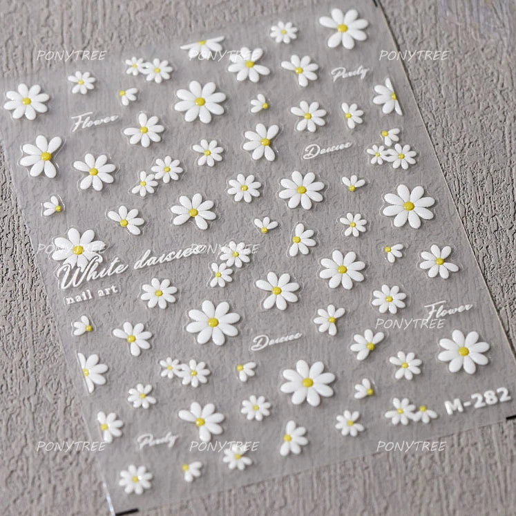 Cute Beige Yellow Pristine Fresh Daisy Flower 5D Shiny Soft Embossed Relief Charm Self Adhesive Nail Art Stickers Manicure Decal (ONLINE ORDER ONLY)