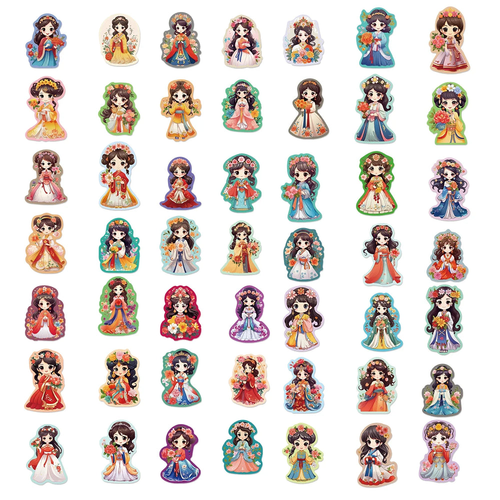 50Pcs Q Version Chinese Ancient Costume Flower Princess Girl Sticker for Kids Toy Decoration Guitar Luggage DIY Waterproof Decal (ONLINE ORDER ONLY)