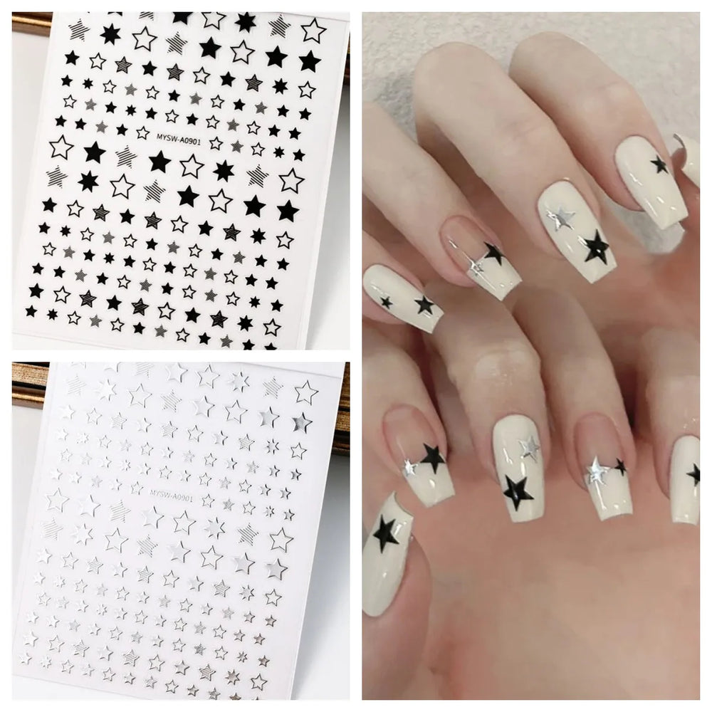 1PCS Sliver Stars Nails Stickers 3D Bronzing Laser White Cross Starlight Glossychic Y2K Stylish Adhesive Manicure Decorations *# (Online Order Only)