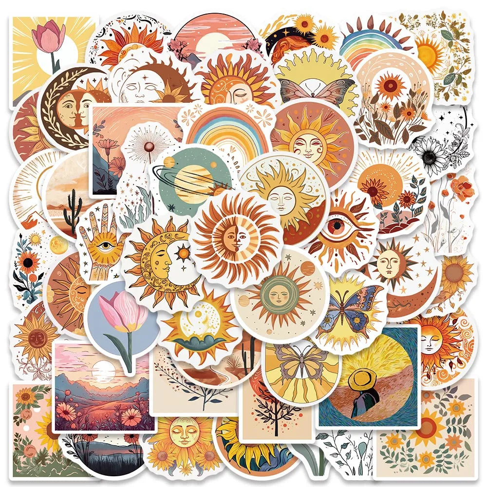 50PCS Boho Moon Sun Flower Stickers Waterproof Decals for Laptop Scrapbooking (ONLINE ORDER ONLY)
