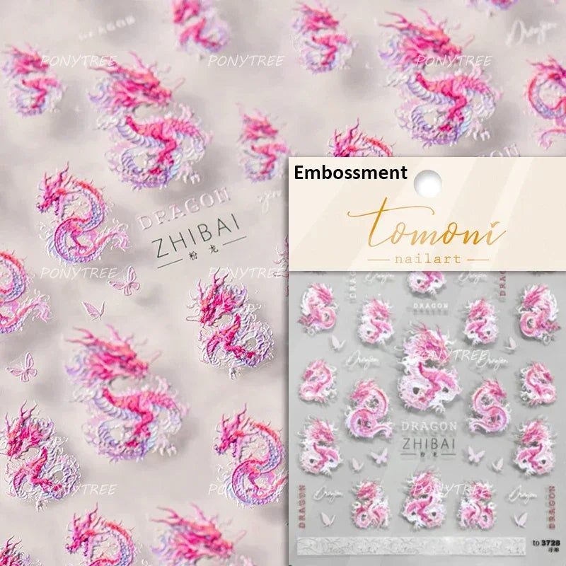 Chinese Dragon Auspicious Beast Mythological Legend Noble Loong Blue Pink Soft Relief Adhesive Nail Art Sticker Manicure Decals (ONLINE ORDER ONLY)