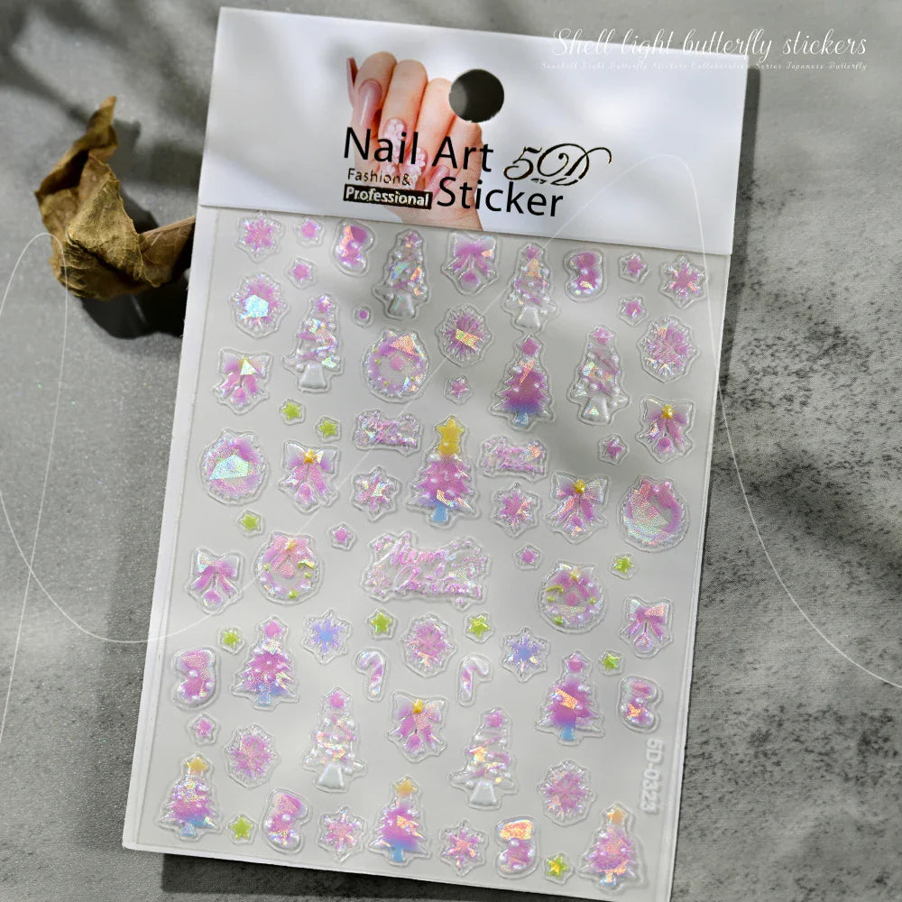 1pc Sweet Pink Christmas 5D Embossed Nail Art Stickers Shell Light Christmas Tree/Wreath Nails Decals Self-Adhesive DIY Manicure (Online Order Only)