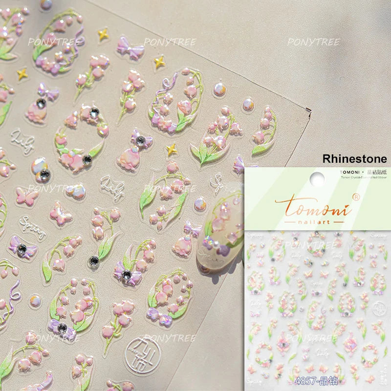 Cute Spring Flowers Purple Blue White Bowknot Rose Garden Daisy 5D Soft Embossed Relief Adhesive Nail Art Sticker Manicure Decal (ONLINE ORDER ONLY)