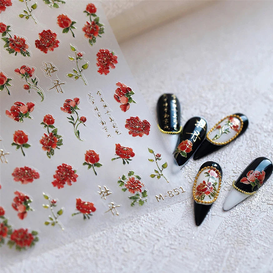 Retro Chinese Characters Charming Rich Peony Delicate Rose Flowers Soft Relief Adhesive Nail Art Stickers Chic Manicure Decals (ONLINE ORDER ONLY)