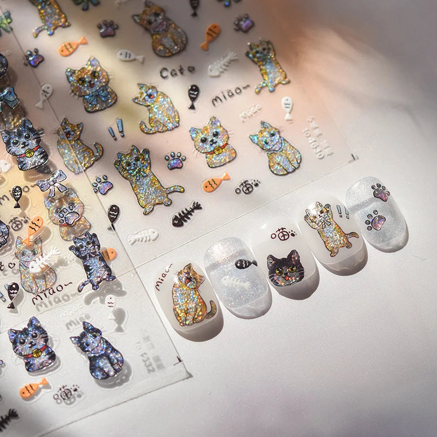 Cute Cat Eye Fishbone Animals Leopard Cat Ginger Cat Kitten Exclamation Point Paw Self Adhesive Nail Art Sticker Manicure Decals (ONLINE ORDER ONLY)