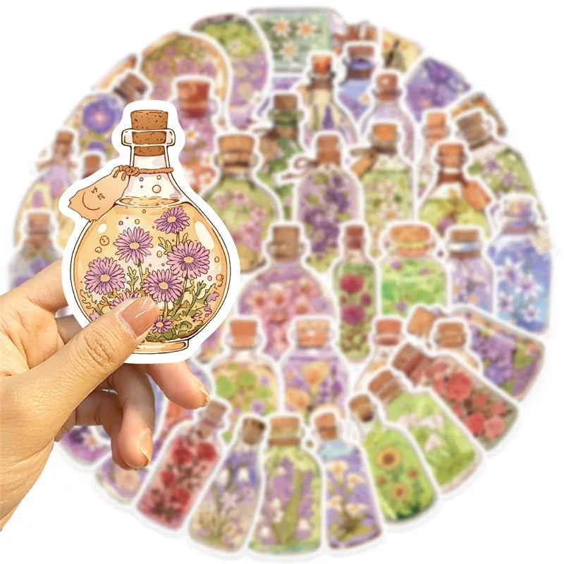 10/30/50PCS Kawaii Flower Bottle PVC Sticky Sticker Aesthetic Children's Stationery DIY Decoration Scrapbooking School Supplies (Online Order Only)