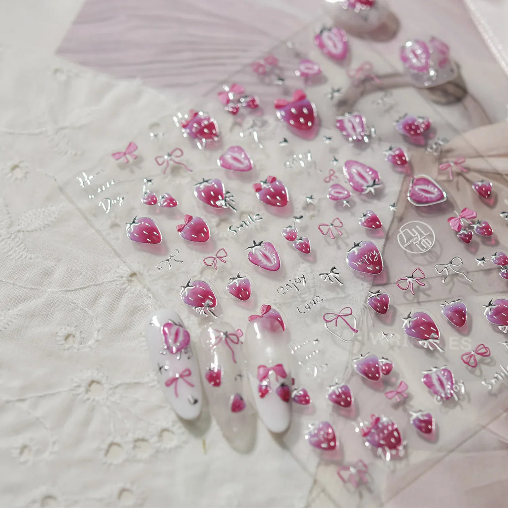 Cute Pink Tempting Strawberries Attractive Fruit Cutting Line Bowknot Star Silver Stamping Chic Nail Art Stickers Manicure Decal (ONLINE ORDER ONLY)