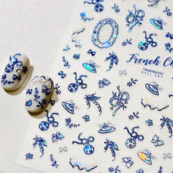 French Chic Blue Line Bowknot Fan Flower Leaves Butterfly Lace Frame Bell Shiny Self Adhesive Nail Art Stickers Manicure Decals (ONLINE ORDER ONLY)