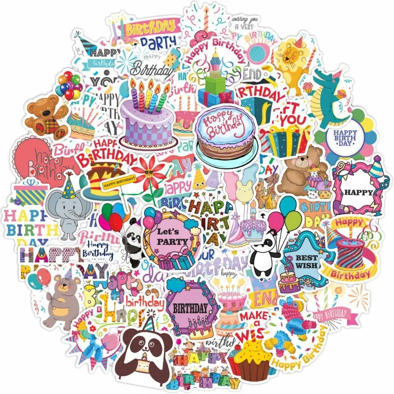 50pcs Cartoon Birthday Cake Stickers for Laptop, Phone, Water Bottle, Suitcase, Stationery, Fridge (ONLINE ORDER ONLY)