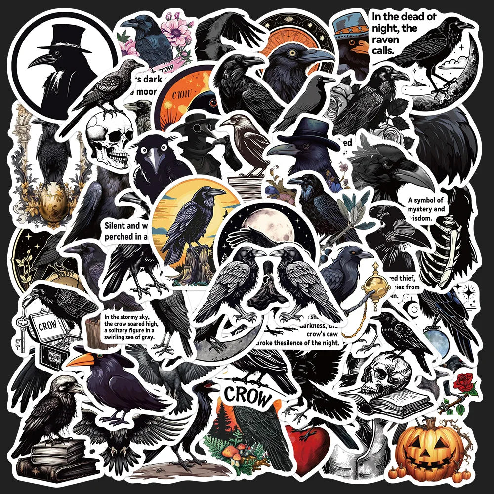 50pcs Black Crow Graffiti Stickers for Helmet, Wall, Desktop Decoration, DIY Wholesale (ONLINE ORDER ONLY)