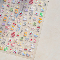 Cute Animals Bear Dog Cake Sweet Cherry Grid Bowknot Star Line Fruit Relief Self Adhesive Nail Art Stickers 3D Manicure Decals (ONLINE ORDER ONLY)