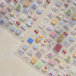 Cute Animals Bear Dog Cake Sweet Cherry Grid Bowknot Star Line Fruit Relief Self Adhesive Nail Art Stickers 3D Manicure Decals (ONLINE ORDER ONLY)