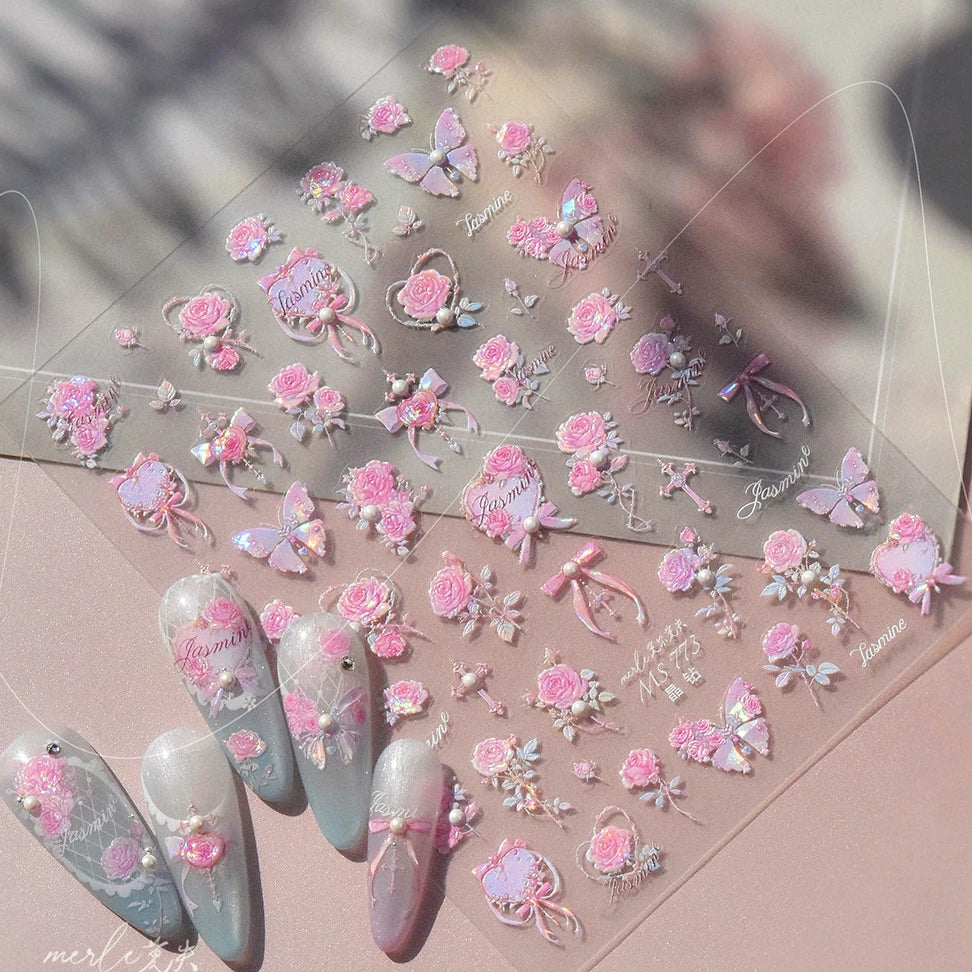 Pink Rose Flower Rambler Heart Bowknot Butterfly Shiny Soft Relief Adhesive Nail Art Stickers Romantic Spring 3D Manicure Decals (ONLINE ORDER ONLY)