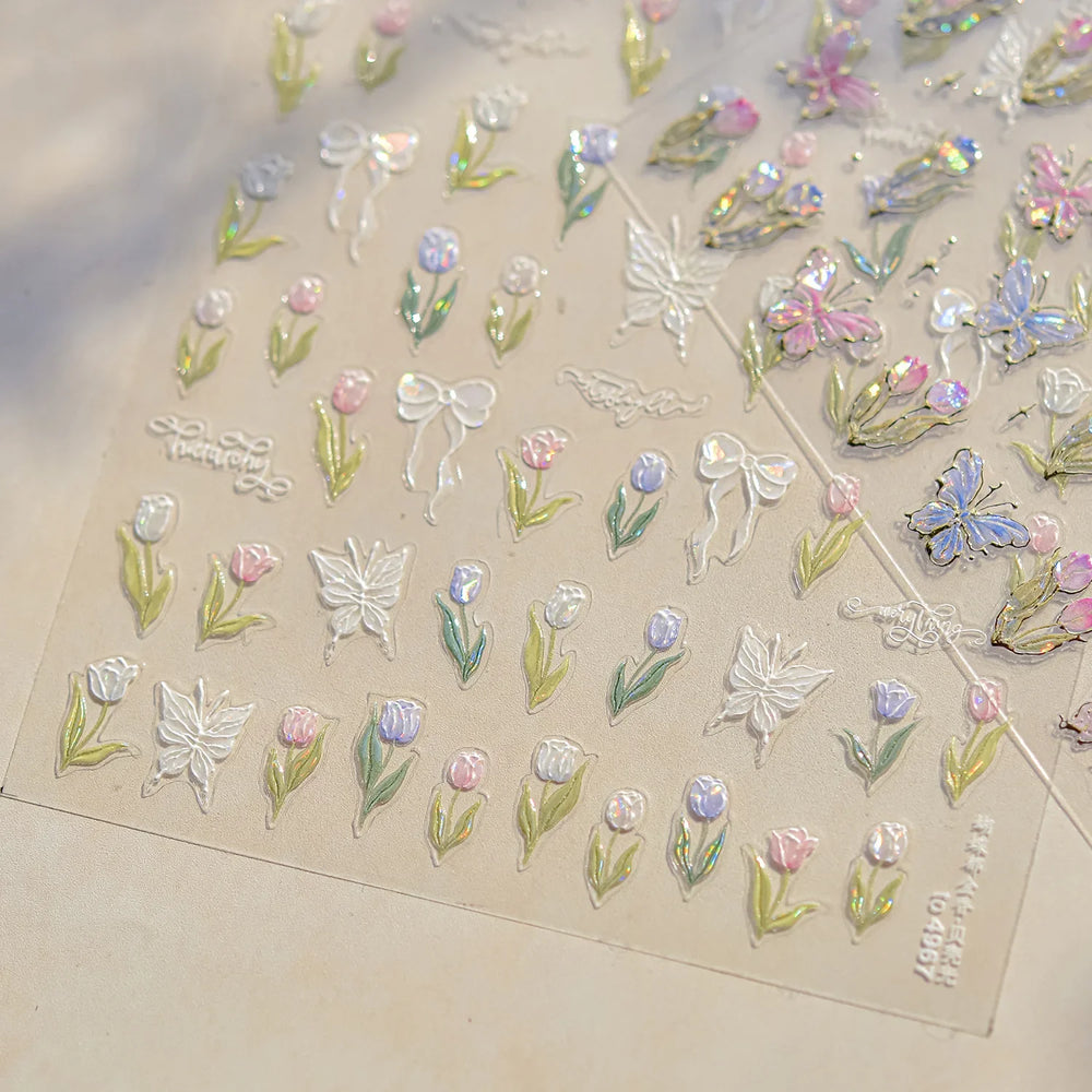Dreamy White Lace Bowknot Purple Pink Gradual Tulip Flower Butterfly Garden Relief Adhesive Nail Art Stickers Manicure Decals (Online Order Only)