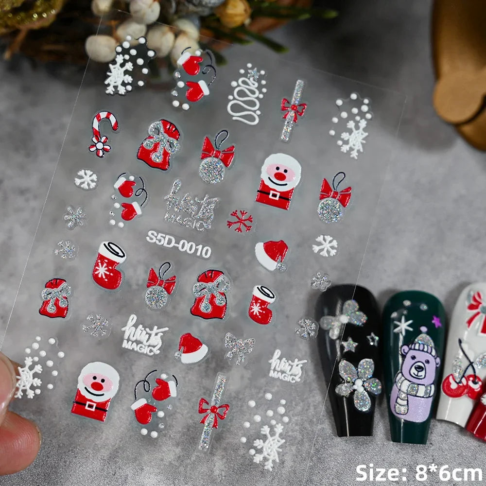 Cute Deer Christmas Nail Stickers 5D Embossed Elk Star Gingerbread Man Snowflake Santa Claus Holly DIY Winter Engraved Manicure* (ONLINE ORDER ONLY)