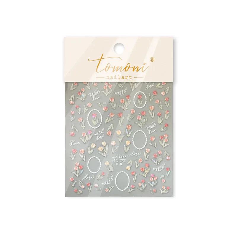 Retro Border Colourful Pink Purple Tulip Flower Bouquet Garden Fragrant 5D Soft Relief Adhesive Nail Art Sticker Manicure Decals (ONLINE ORDER ONLY)