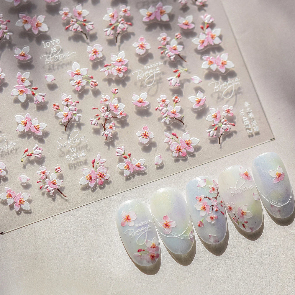 Flowers Blooming Cherry Blossom Sakura Living Peach Branch 5D Soft Relief Spring Adhesive Nail Art Sticker Chic Manicure Decals (ONLINE ORDER ONLY)