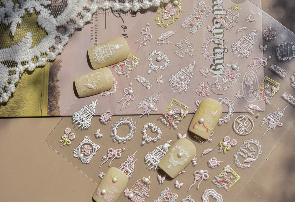 Dreamy Lace Swan Bowknot Rose Flower Castle Butterfly Feather Heart Chic Adhesive Nail Art Stickers Manicure Decals Wholesale (ONLINE ORDER ONLY)