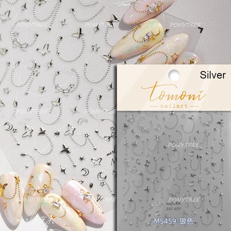 Star Moon Love Heart Curved Line Arc Dreamy Necklace Hanging in The Air Starry Night Adhesive Nail Art Stickers Manicure Decals (ONLINE ORDER ONLY)