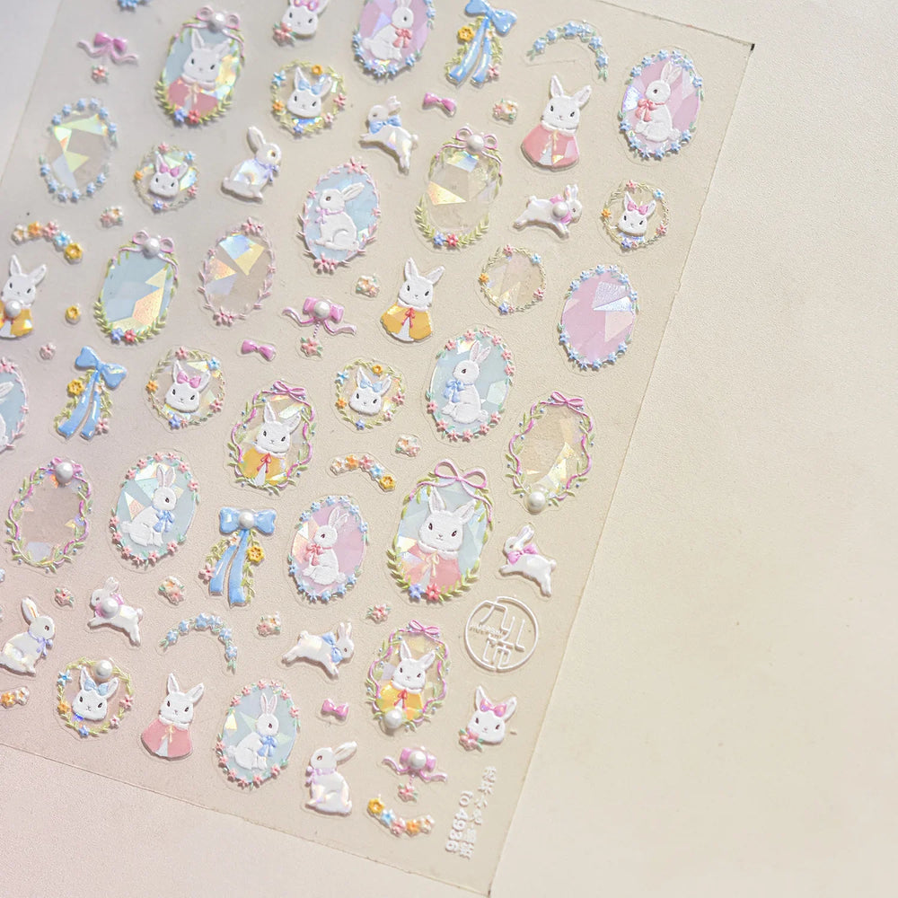 Flower Garland Lovely Bunny Rabbit Floral Wreath Bowknot Frame Spring Charm Heart 5D Adhesive Nail Art Stickers Manicure Decals (ONLINE ORDER ONLY)