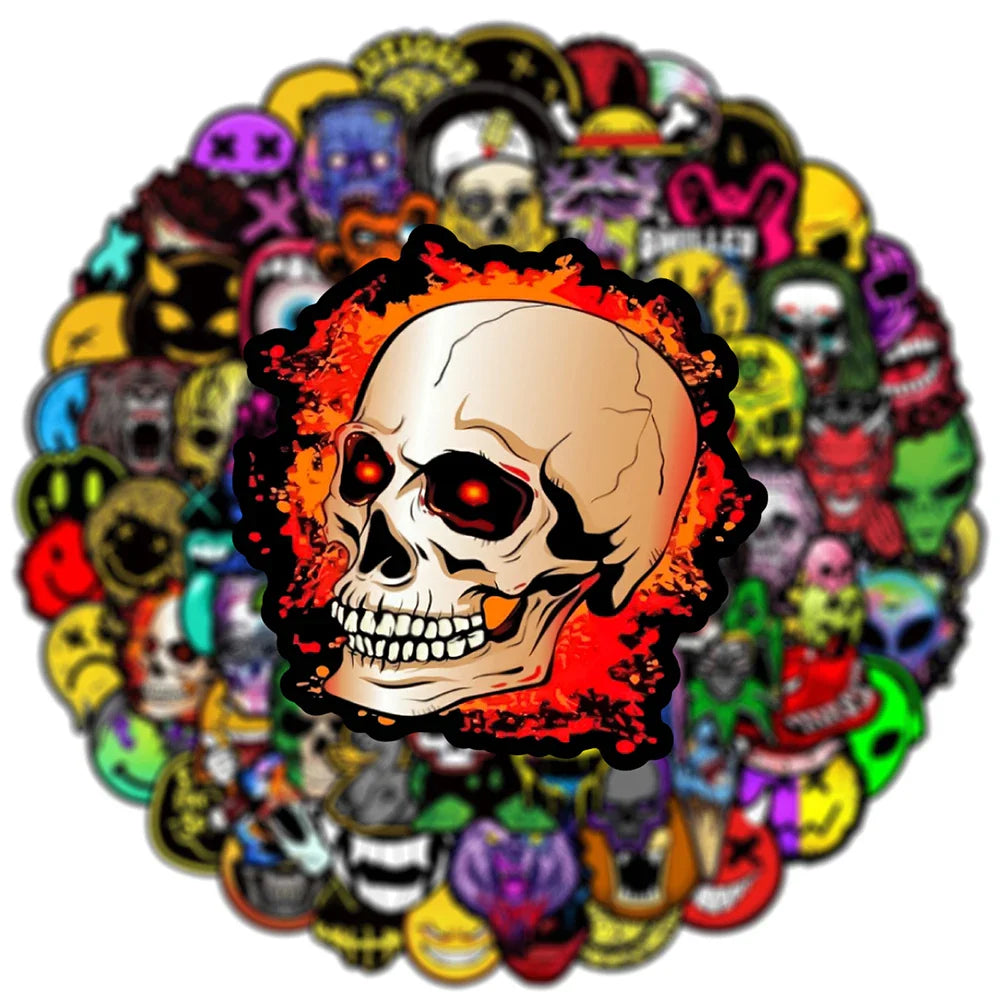 10/30/50/100PCS Horror Gothic Skull Meme Stickers Cool Graffiti DIY Skateboard Luggage Laptop Car Decals PVC Waterproof Kids Toy (ONLINE ORDER ONLY)