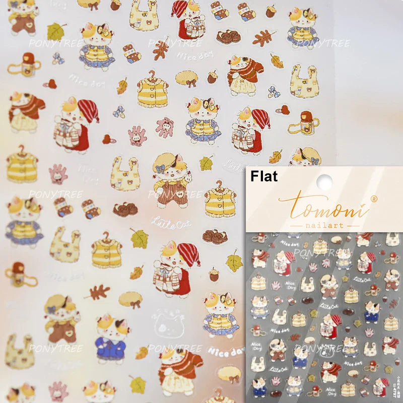 Picnic Cat Kitten Bowknot Flower Fish Butterfly Tree Mushroom Star Moon Cat's Paw Adhesive Nail Art Sticker Cute Manicure Decals (Online Order Only)