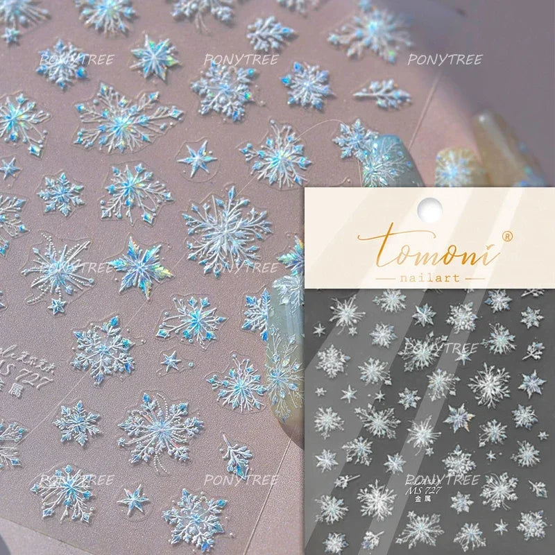 Flying Snowflakes Cold Winter Geometric Hexagon Star Romantic Adhesive Nail Art Stickers Embossment Rhinestone Manicure Decals (ONLINE ORDER ONLY)