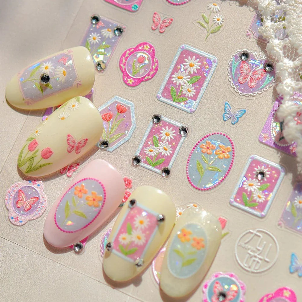 Retro Tulip Flowers Daisy Photo Frame Geometric Border Bowknot Butterfly Soft Relief Adhesive Nail Art Stickers Manicure Decals (ONLINE ORDER ONLY)