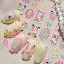 Retro Tulip Flowers Daisy Photo Frame Geometric Border Bowknot Butterfly Soft Relief Adhesive Nail Art Stickers Manicure Decals (ONLINE ORDER ONLY)
