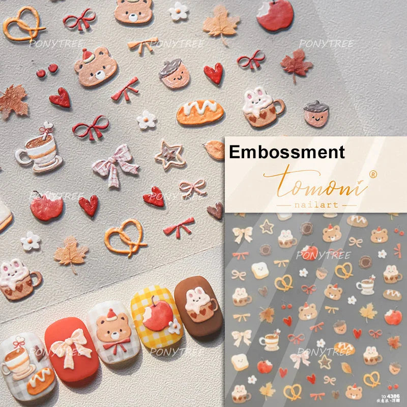 Lovely Bear Strawberry Cake Rose Flower Grid Block Bowknot Embossed Relief Self Adhesive Nail Art Sticker Cute 3D Manicure Decal (ONLINE ORDER ONLY)