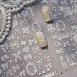 Gird Lace Bowknot Love Heart Flower Fabric Printing Frame Bow Tie Rococo Pattern Daisy Tender Nail Art Stickers Manicure Decals (ONLINE ORDER ONLY)