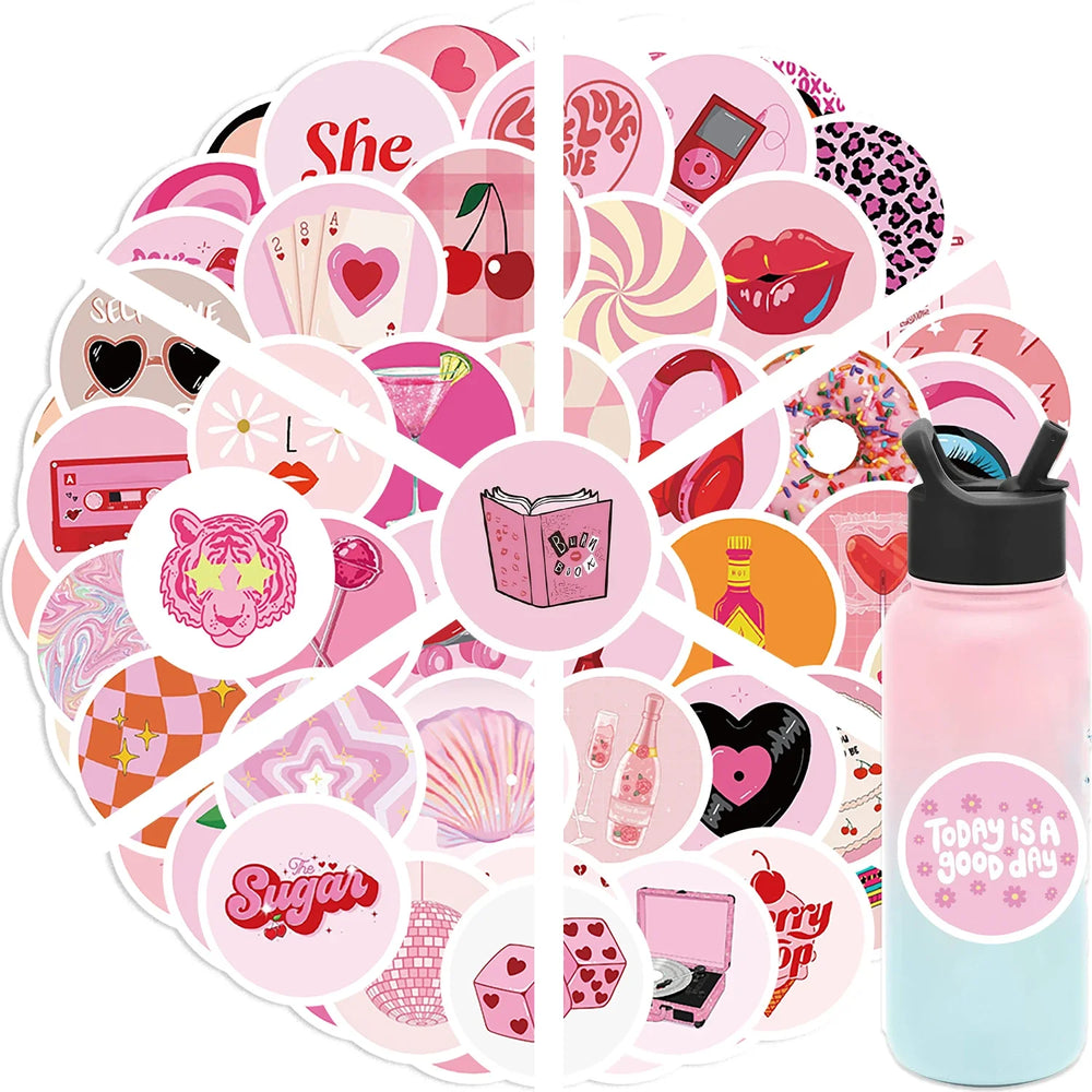 60pcs Pink American Groovy Stickers Aesthetic PVC School Stationery Children Sketchbook Diary Laptop Scrapbook Supplies for Kids (ONLINE ORDER ONLY)