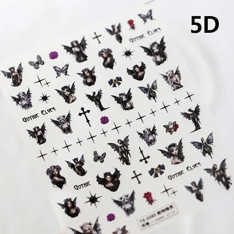 Gothic Dark Spider Butterfly Cross Flame Wings Halloween Horror Rose Flower Rabbit Pumpkin Bear Nail Art Stickers Manicure Decal (ONLINE ORDER ONLY)