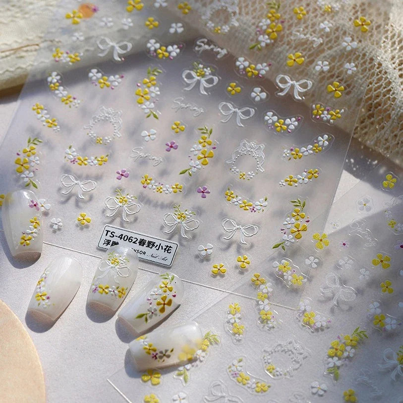 Yellow Purple Mini Flower White Lace Bowknot Flower Bouquet Spring 5D  Adhesive Nail Art Decoration Stickers DIY Manicure Decals (ONLINE ORDER ONLY)