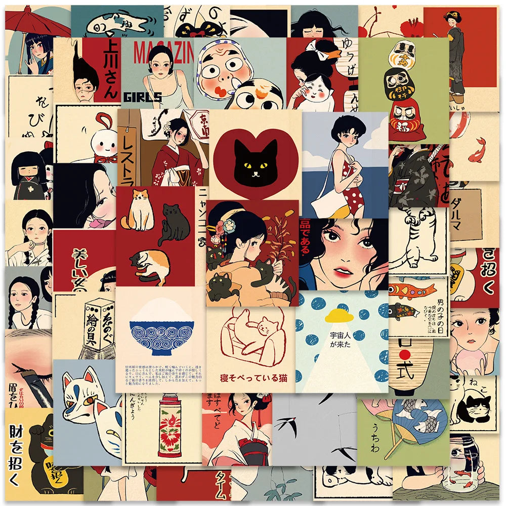 50pcs Classic Japanese Style Cartoon Culture Stickers For Laptop Water Bottle Luggage Notebook Waterproof Vinyl Decals (Online Order Only)