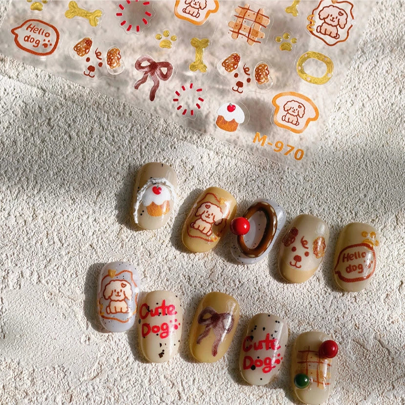 Lovely Dog Bone Bowknot Bread Graffiti Cake Cherry 3D Line Paw Adhesive Nail Art Stickers Cute Cartoon Manicure Decals Wholesale (ONLINE ORDER ONLY)